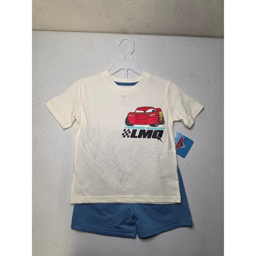 Disney Pixar Cars Lightning McQueen Shirt and Shorts Set Boys Size 4 Blue Cream